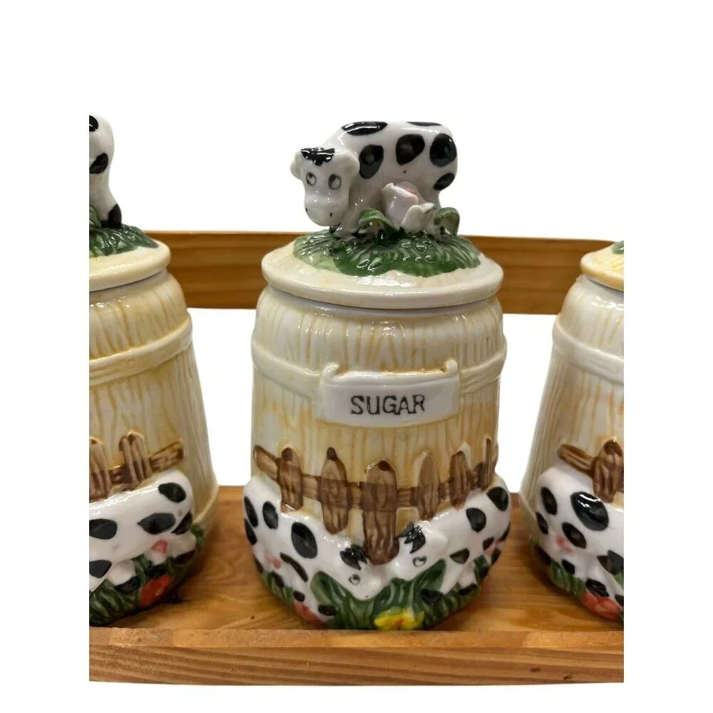 Set of 3 Vintage Ceramic Cow Jars with Wooden Holder Coffee Tea Sugar Bar